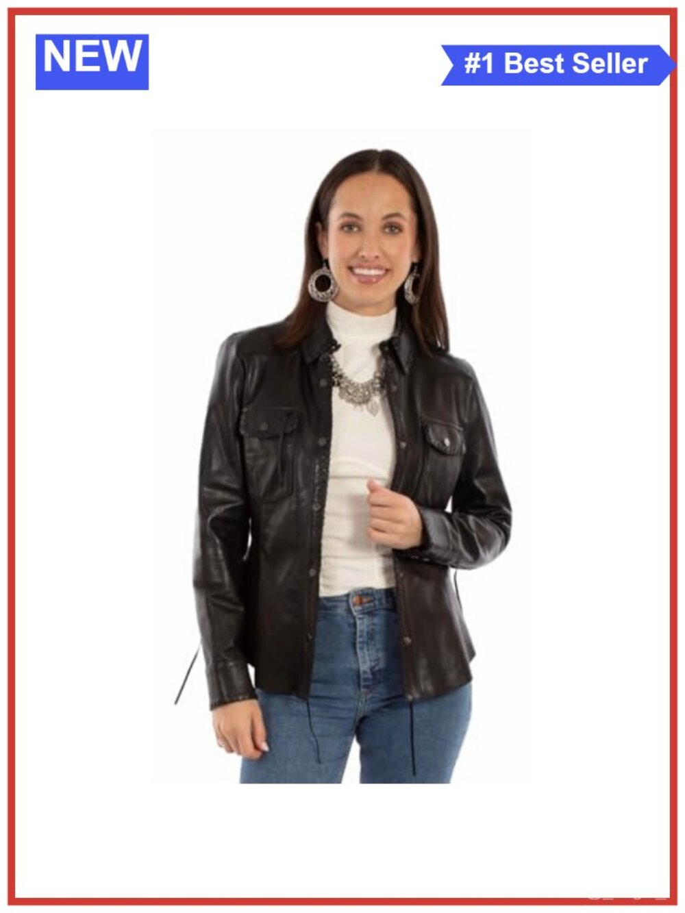Lambskin Leather Jacket with Whipstitch Accents Western Style Snap Closure